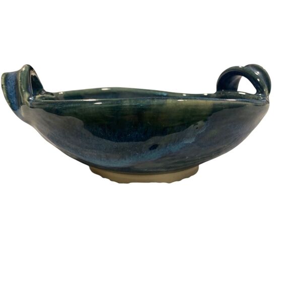 Hand Crafted Ceramic Bowl Blue Green Glaze with Handles Signed by Artist - Picture 4 of 11
